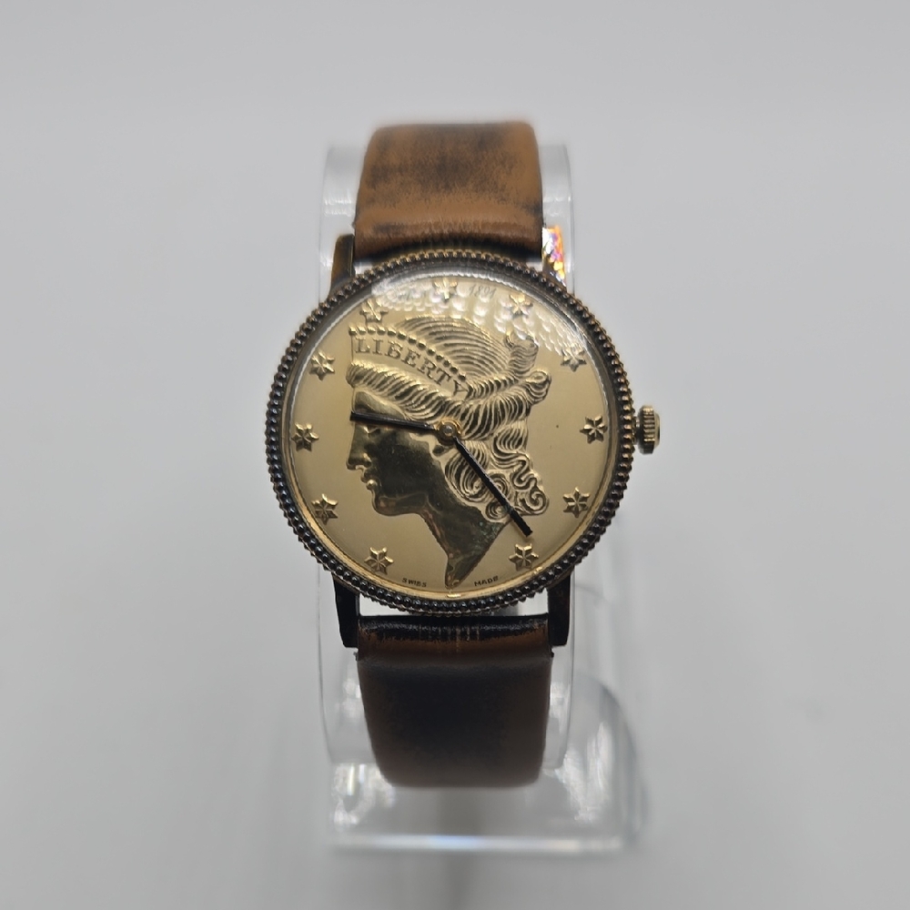 Vintage Hilton Lady Liberty Head Coin Gold Dial Watch with Brown Leather Strap